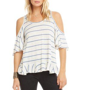 Chaser Striped Jersey Ruffle Vent Shoulder Top